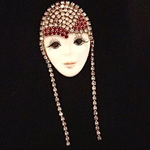 Vintage signed Marsha Bauer 1920s flapper woman porcelain rhinestone brooch pin